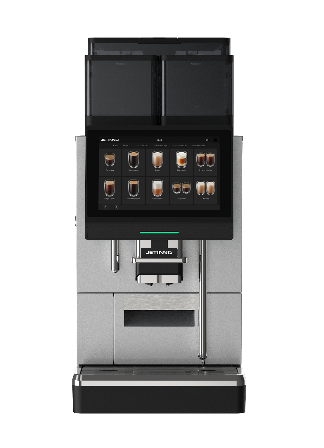 Black and silver Coffee Rentals vending machine with a digital touchscreen panel showing coffee options.