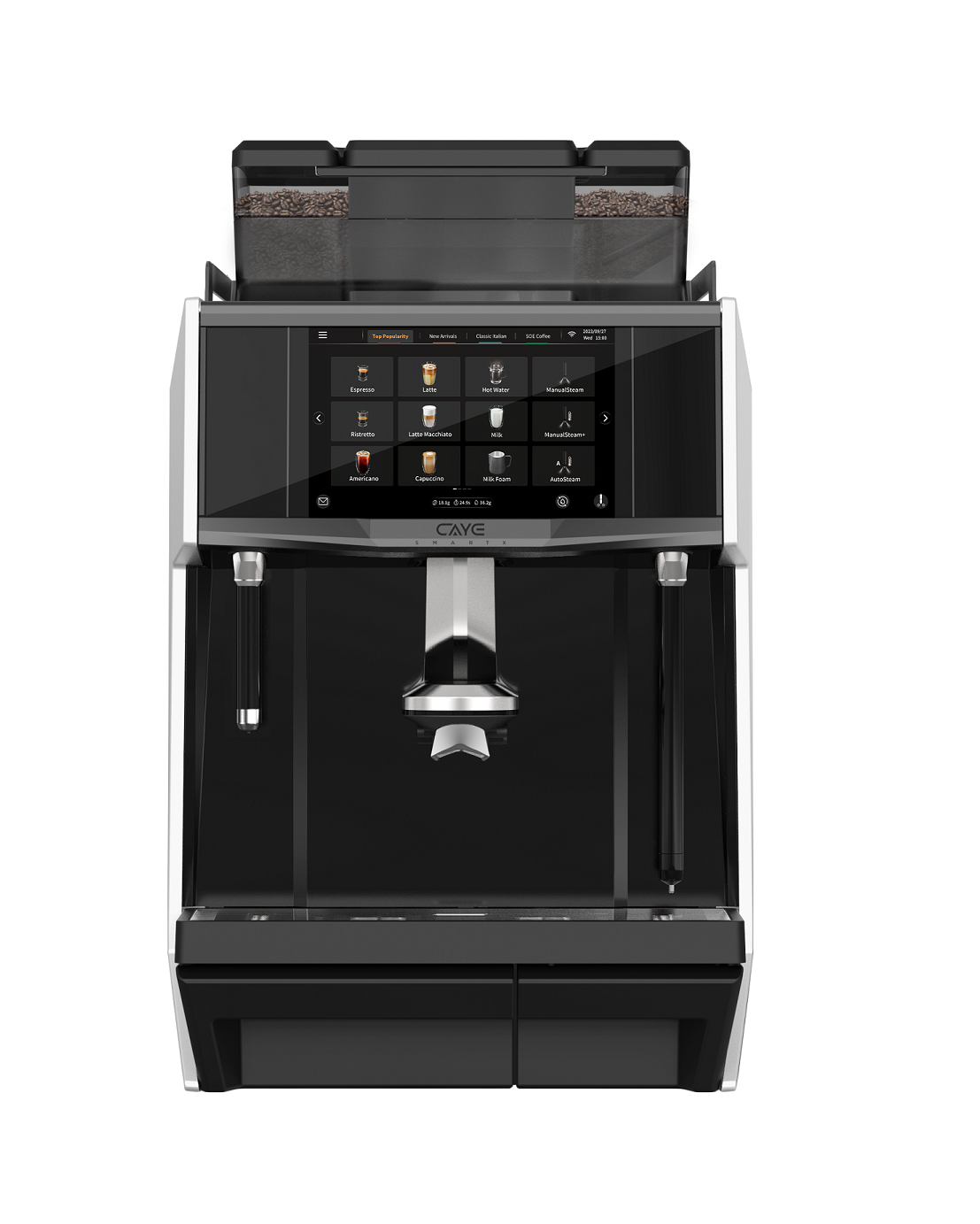 Modern Coffee Rentals vending machine with touchscreen display showing coffee options.