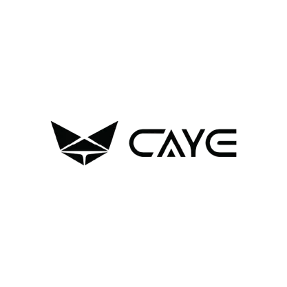 CAYE Logo of and a geometric fox head symbol in black.