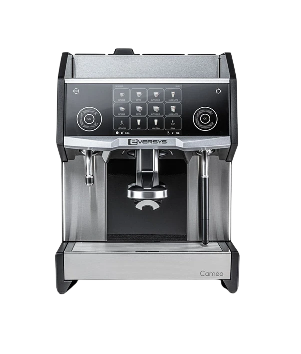 A modern coffee machine with a touchscreen interface, knobs, and spouts for brewing coffee.