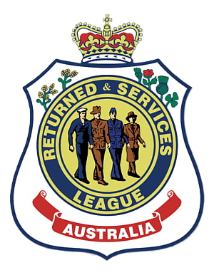 The emblem of the Return and Services League of Australia, featuring a crown on top, three figures dressed in uniforms, and a banner with the word 'Australia' at the bottom.