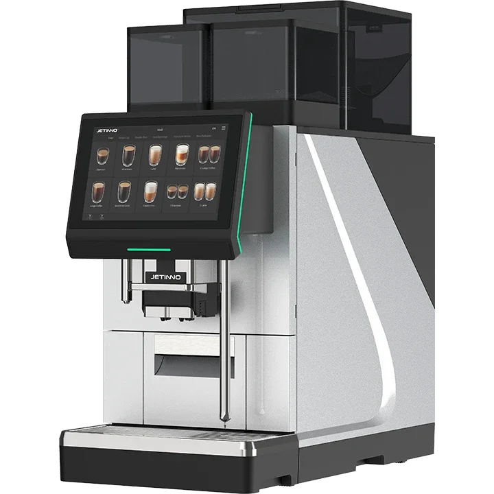 A modern coffee vending machine with a touch screen display
