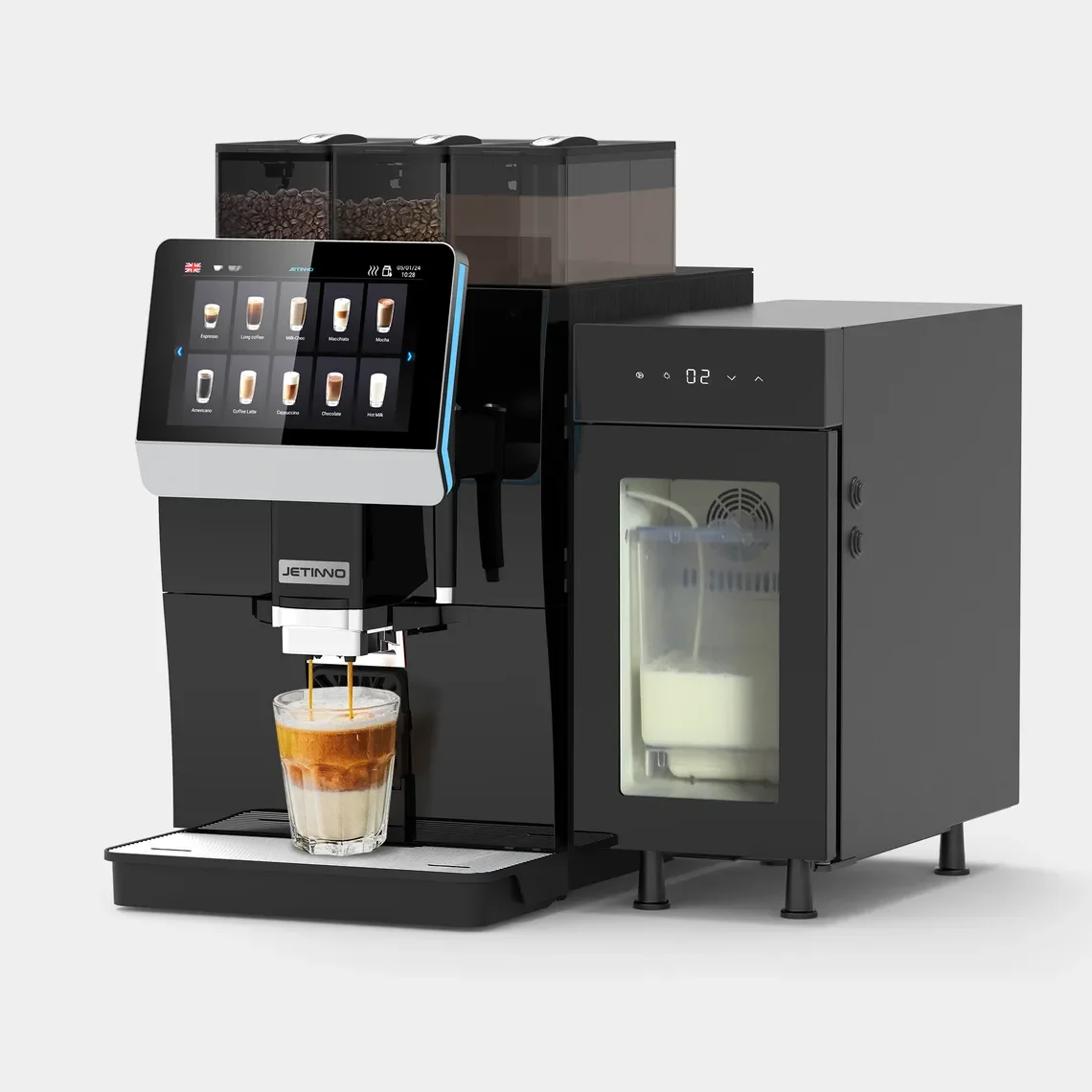A modern coffee machine making a layered coffee drink with espresso, milk, and foam.