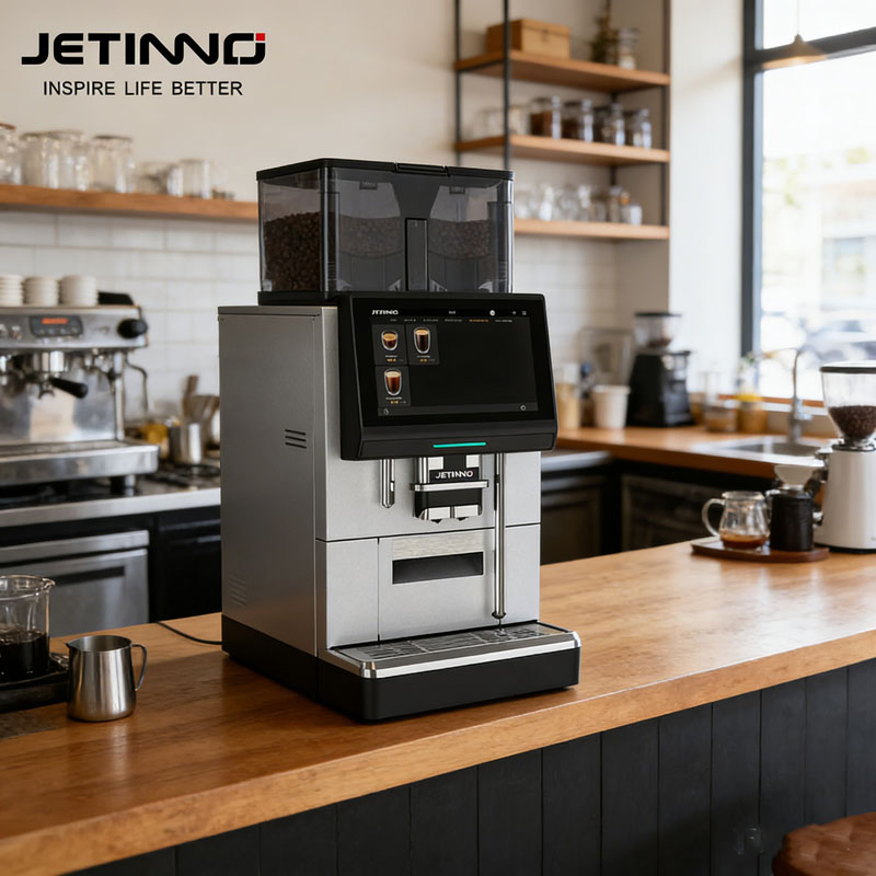 A Jetinno Coffee Rentals espresso machine with a touchscreen display on a wooden countertop, surrounded by coffee-making supplies in a modern kitchen.