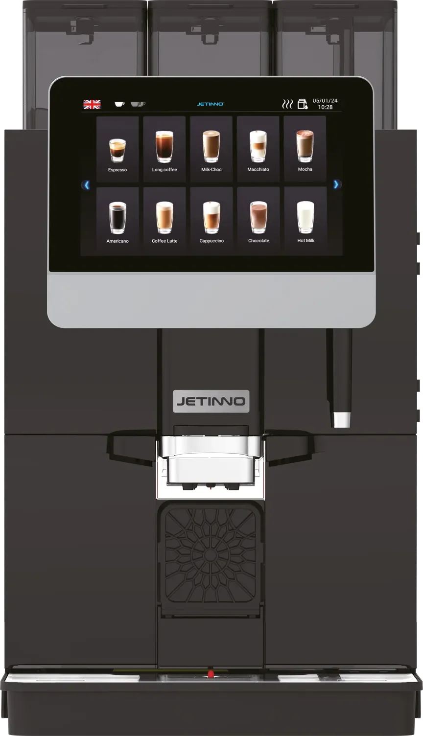 Automated Jetinno Coffee Rentals machine with a touchscreen menu displaying various coffee options such as Espresso, Long Coffee, Milk-Choc, Macchiato, Mocha, Americano, Coffee Latte, Cappuccino, Chocolate, and Hot Milk.