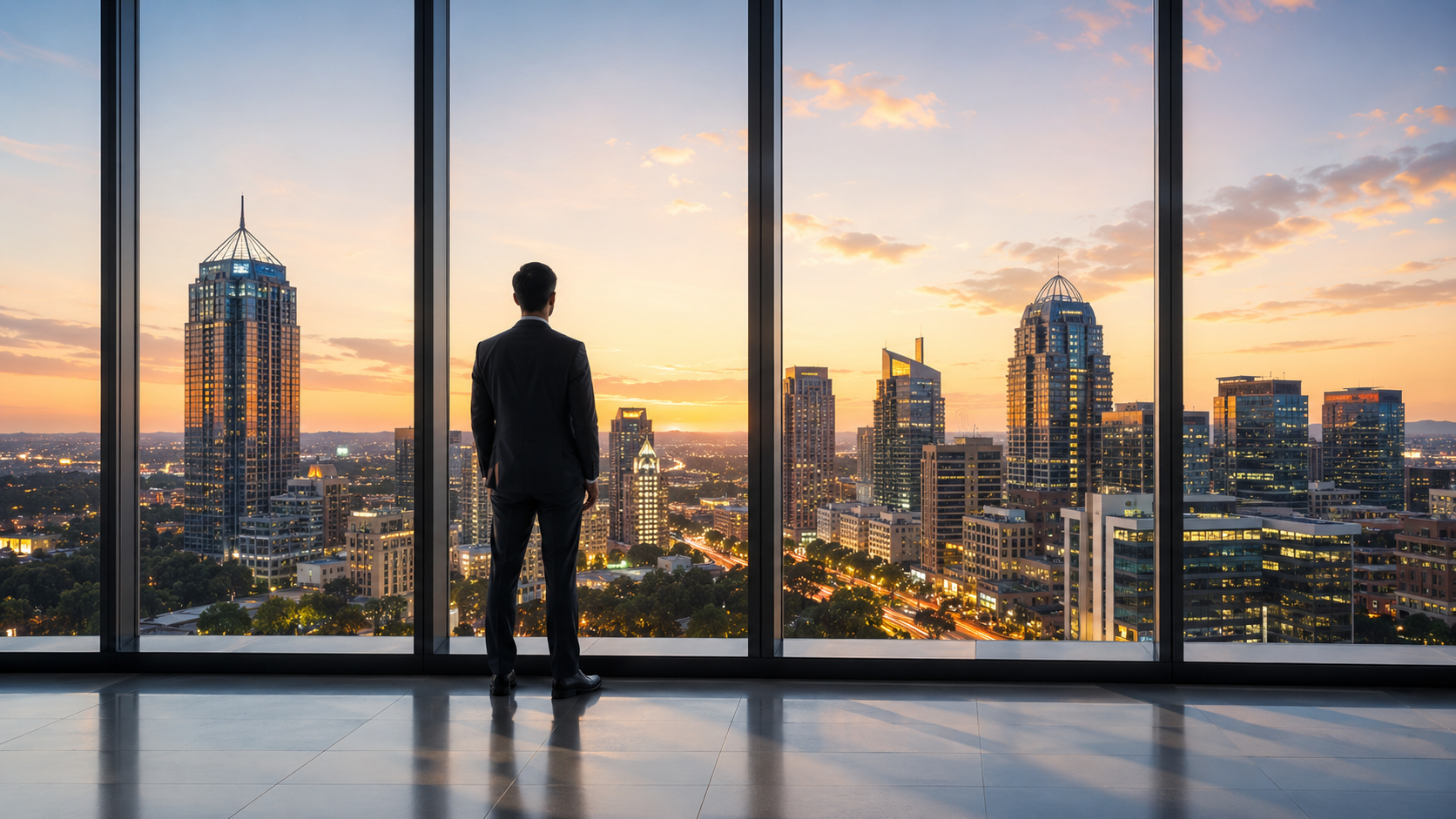 A man in a business suit standing in an office with large glass windows, looking at the city skyline during sunset.