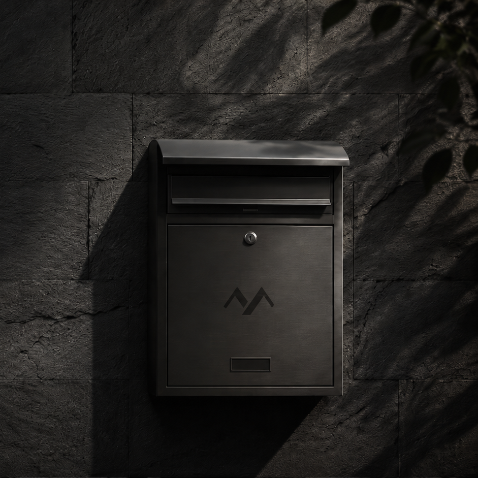 A black mailbox mounted on a dark stone wall with shadows and some leaves in the foreground.