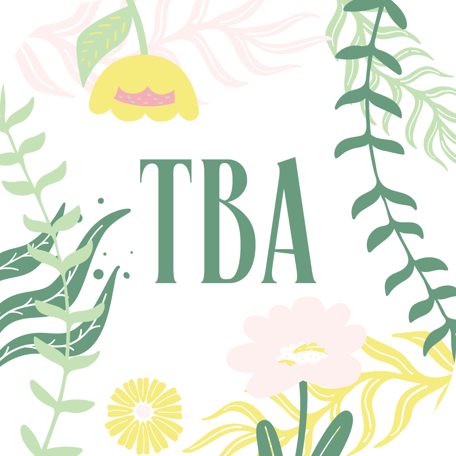Blomster og blader med teksten "TBA" i midten
