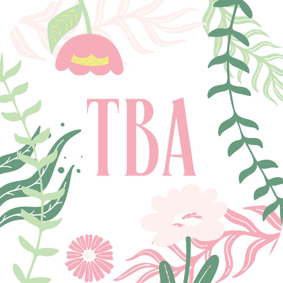 Blomster og blader med teksten "TBA" i midten