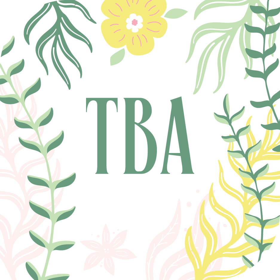Blomster og blader med teksten "TBA" i midten
