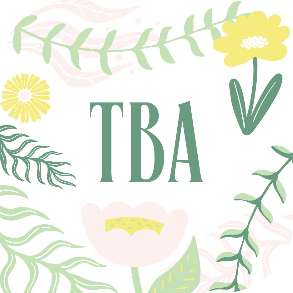 Blomster og blader med teksten "TBA" i midten