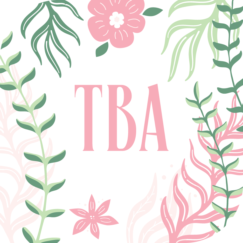 Blomster og blader med teksten "TBA" i midten