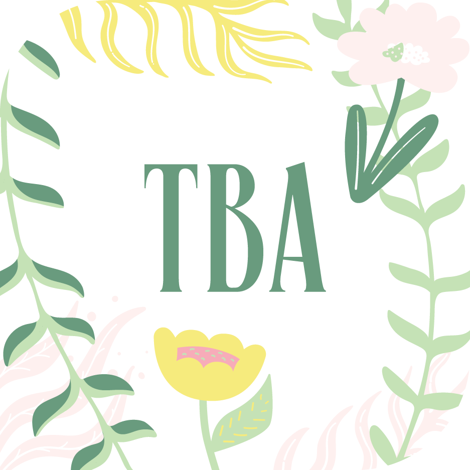 Blomster og blader med teksten "TBA" i midten