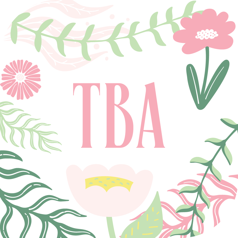 Blomster og blader med teksten "TBA" i midten