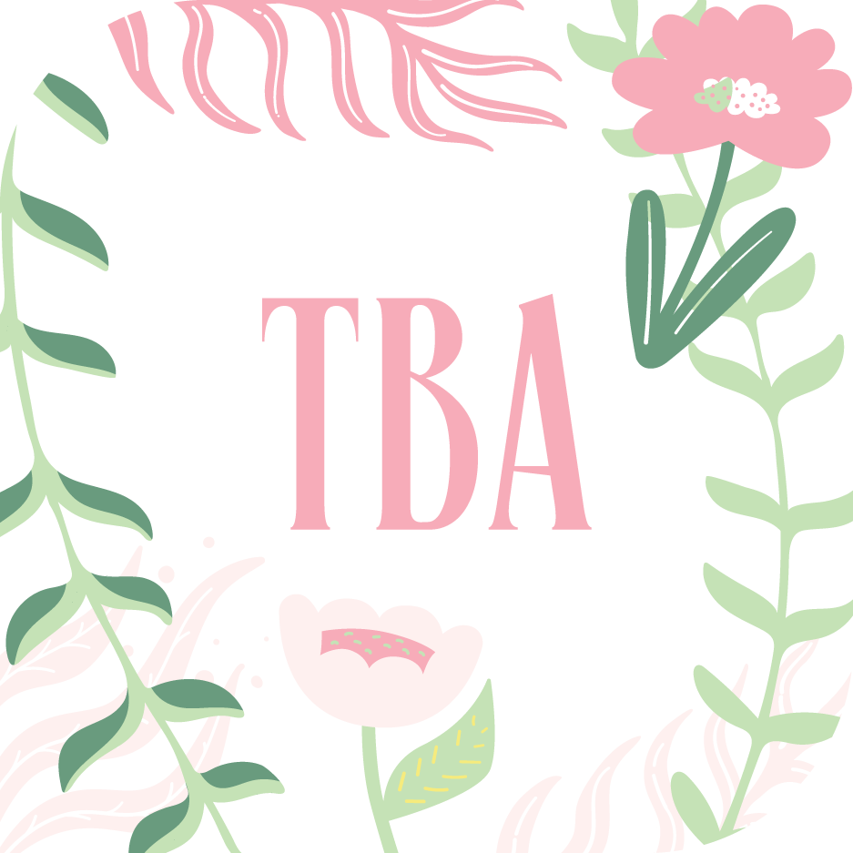 Blomster og blader med teksten "TBA" i midten