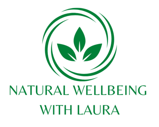 Logo featuring three green leaves encircled by a spiral, with the text 'Natural Wellbeing with Laura' underneath.