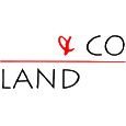 Close-up of a logo with a red heart and black text that says 'Land'.