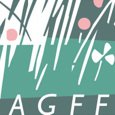 Abstract graphic design featuring geometric shapes and floral patterns in pastel colors.