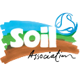 Logo of SOIL Association with green and blue text and a globe icon