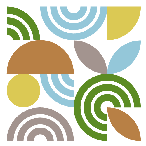 Abstract geometric pattern with circles, semi-circles, and leaf shapes in green, yellow, blue, brown, and beige colors.