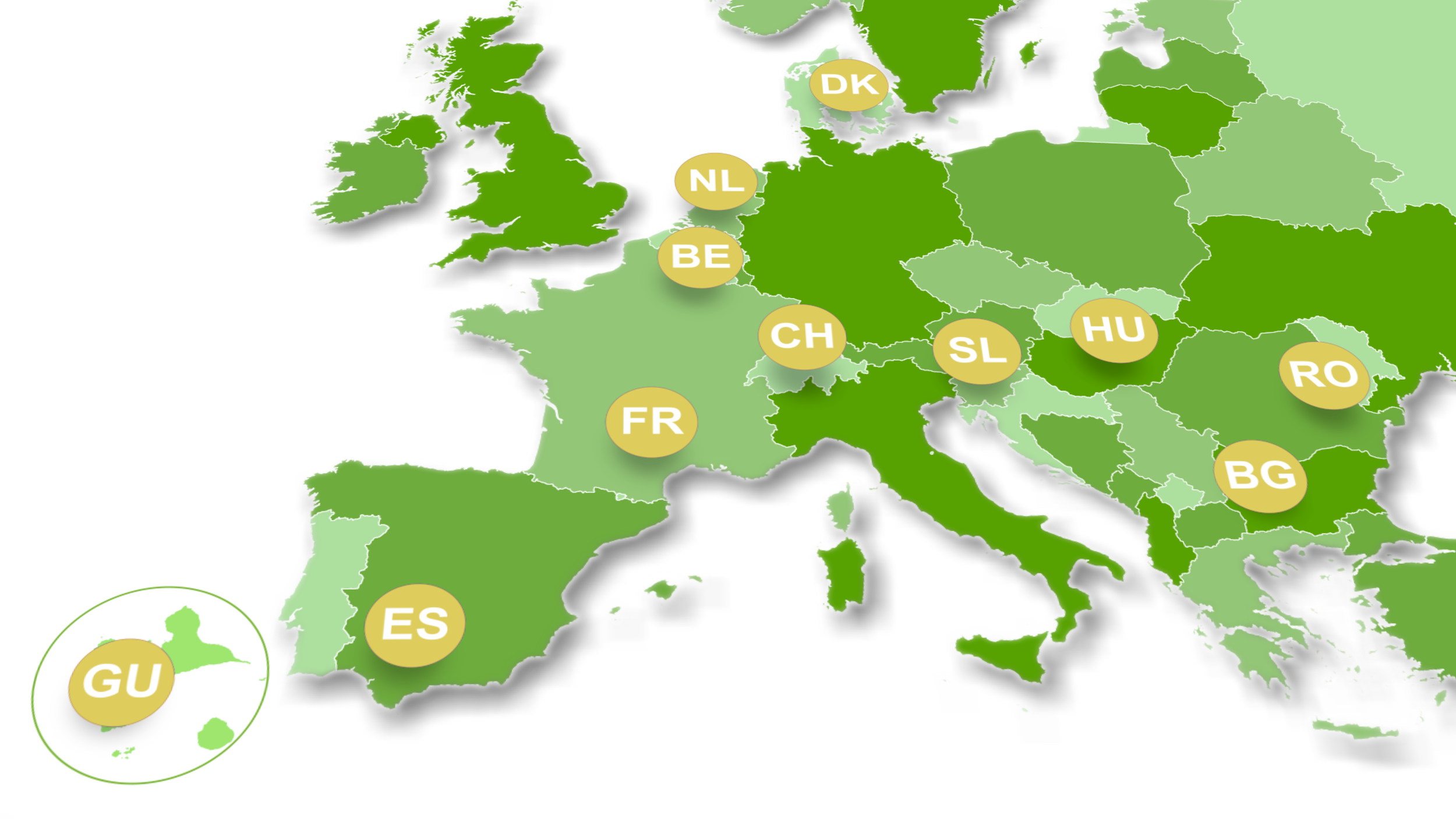 A map of Europe showing countries in different shades of green, with several countries marked with beige circles containing country codes such as DK, NL, BE, CH, FR, ES, GU, HU, RO, BG. The map highlights specific European countries.
