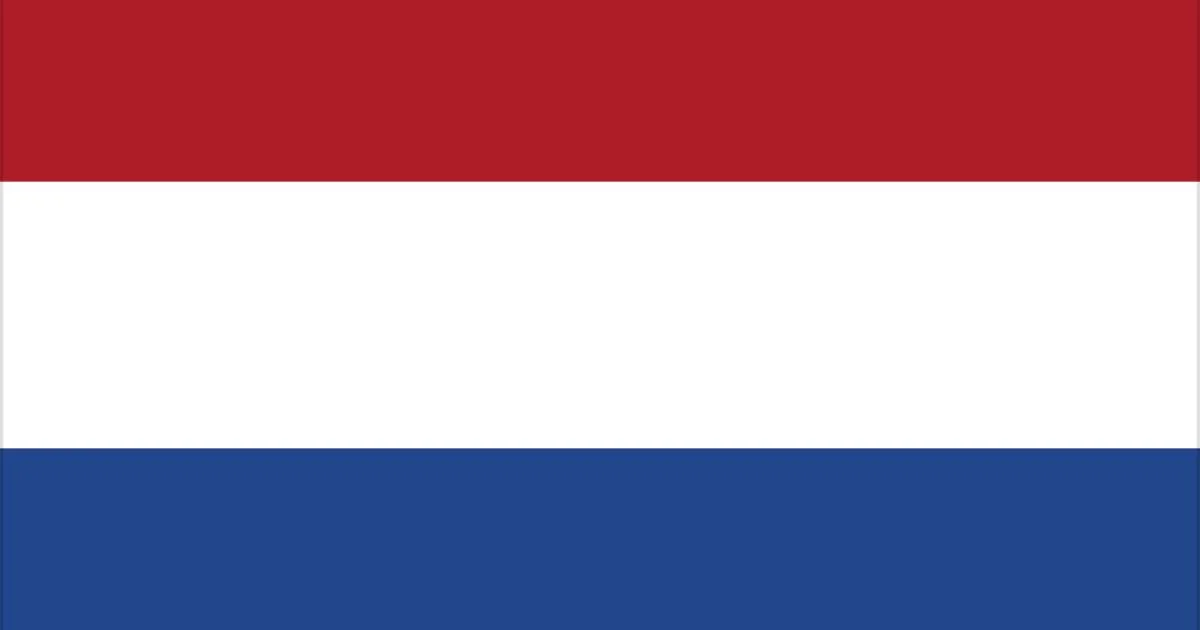 The flag of the Netherlands with horizontal stripes of red, white, and blue.