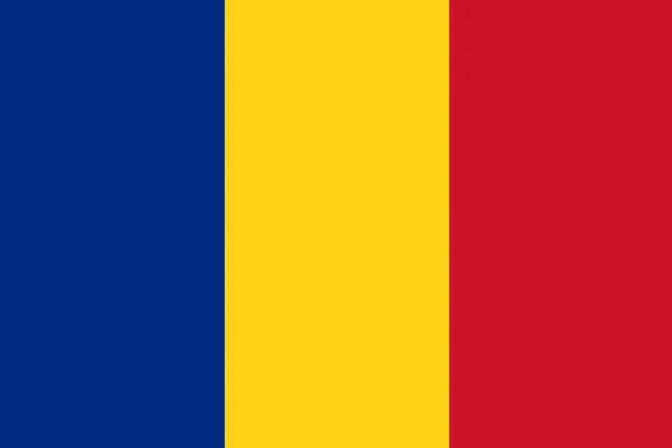 The flag of Romania with vertical blue, yellow, and red stripes.