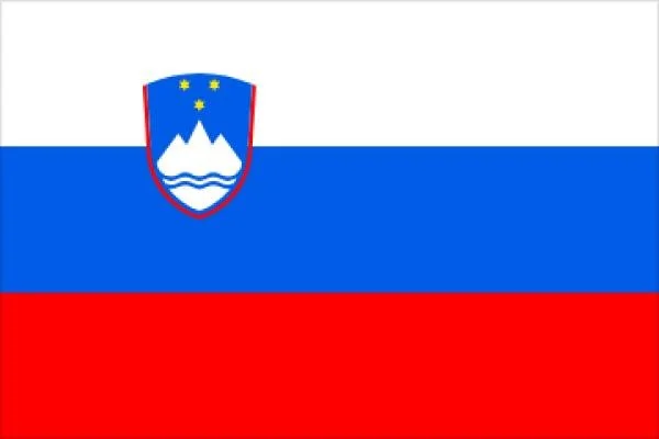Slovenian flag with horizontal white, blue, and red stripes and a coat of arms featuring mountains, stars, and waves in the upper hoist corner.