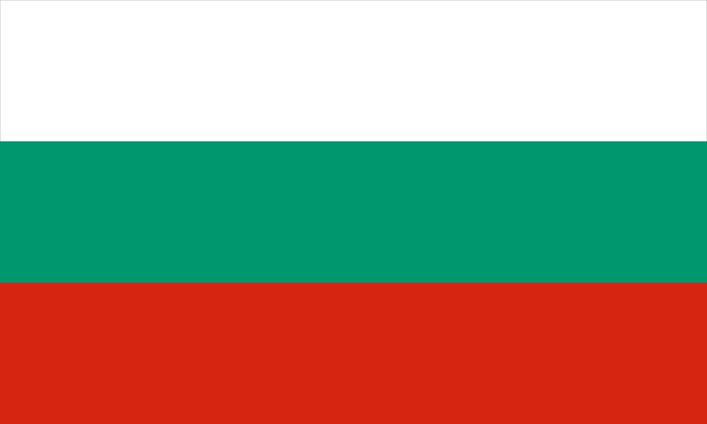 Flag of Bulgaria with horizontal white, green, and red stripes.