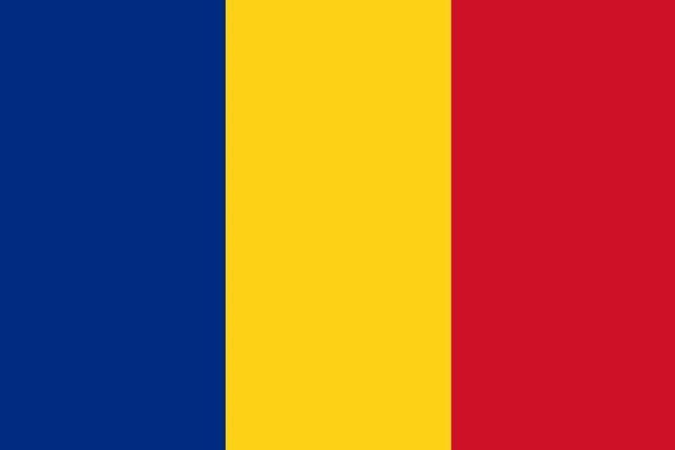 The flag of Romania with vertical stripes of blue, yellow, and red.