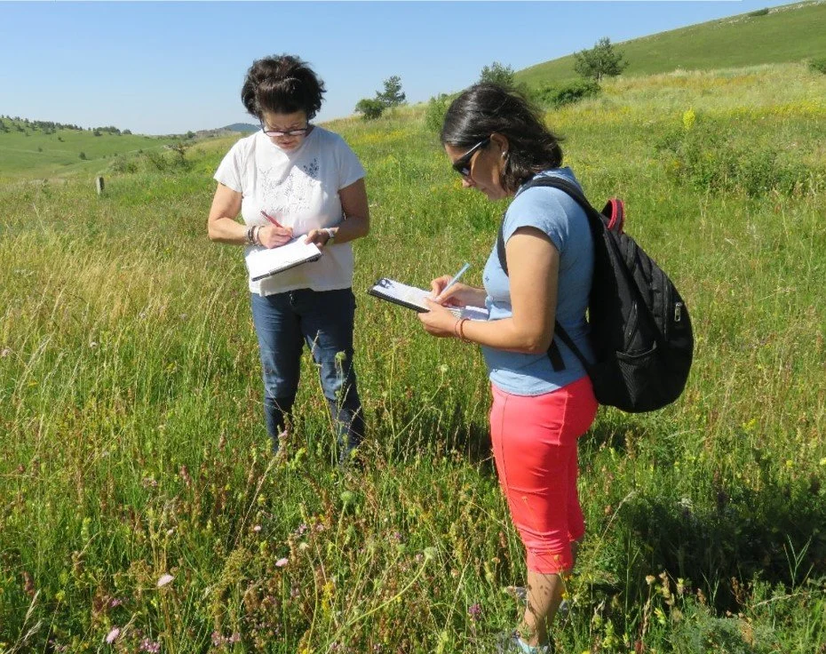 Two women standing in a grassy field, taking notes on clipboards, with hills and trees in the background on a sunny day.