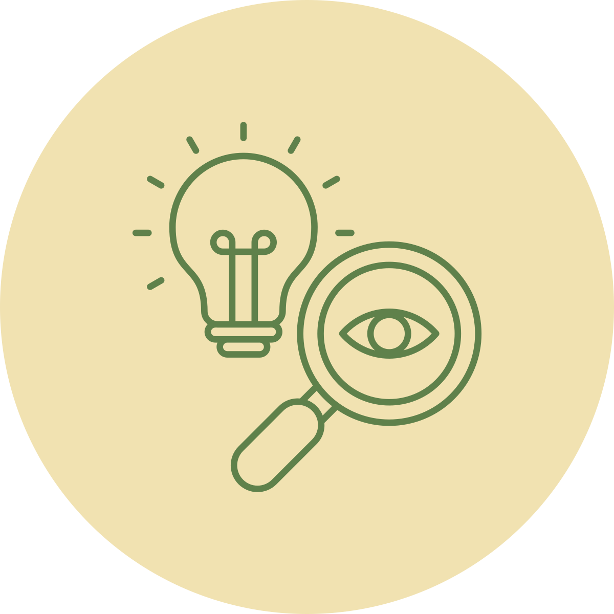 Illustration of a magnifying glass with an eye inside, next to a light bulb, on a beige circular background.