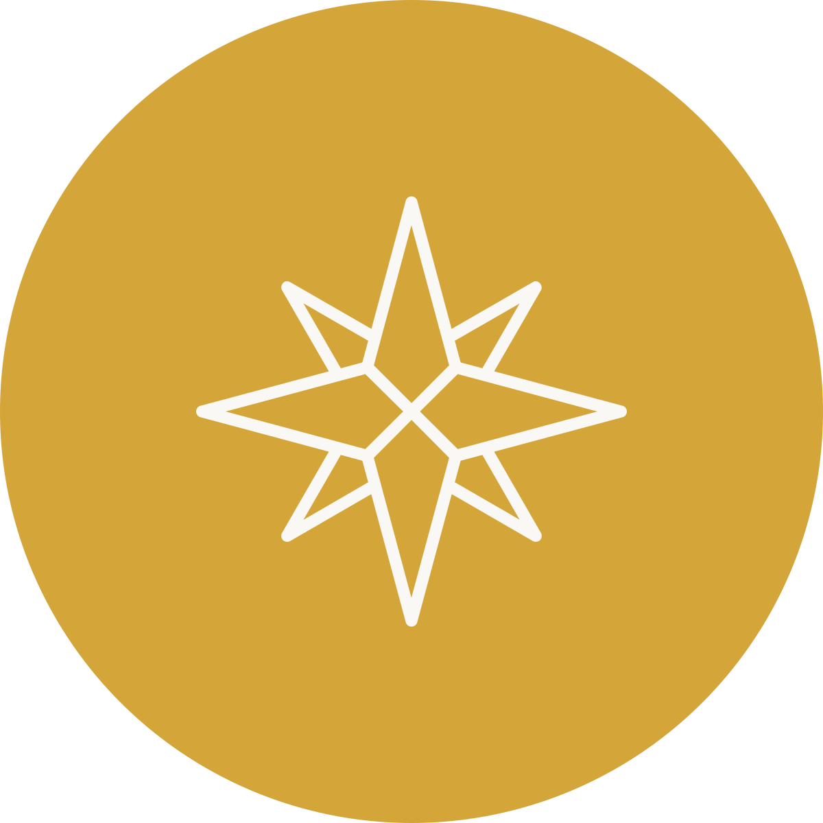 A gold circular background with a white star-shaped geometric pattern in the center.