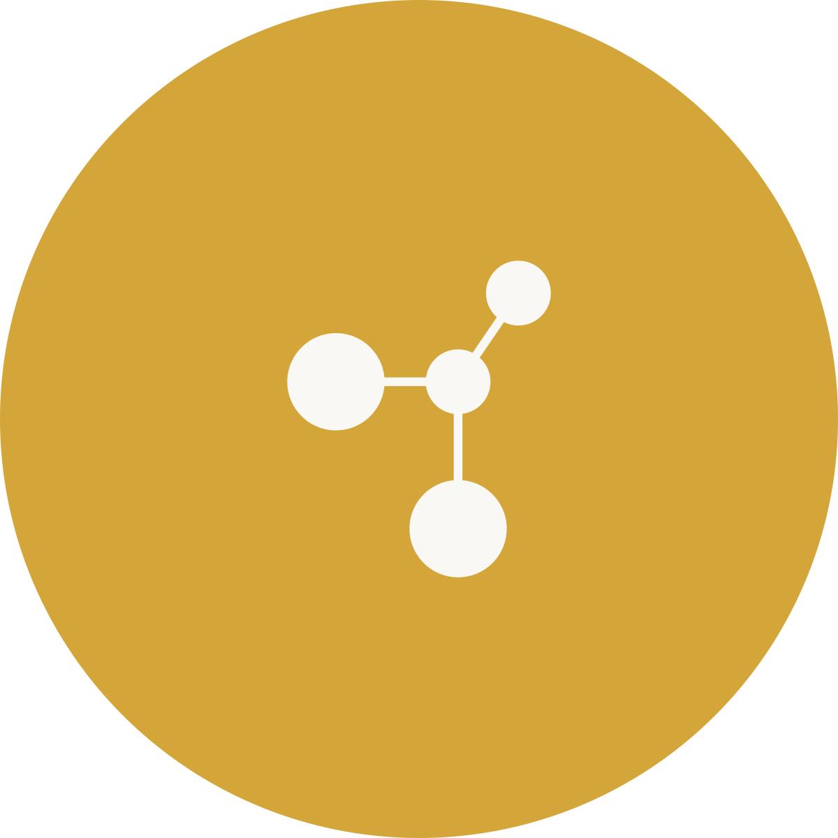 Icon of a molecular structure with white circles connected by lines on a gold circular background.
