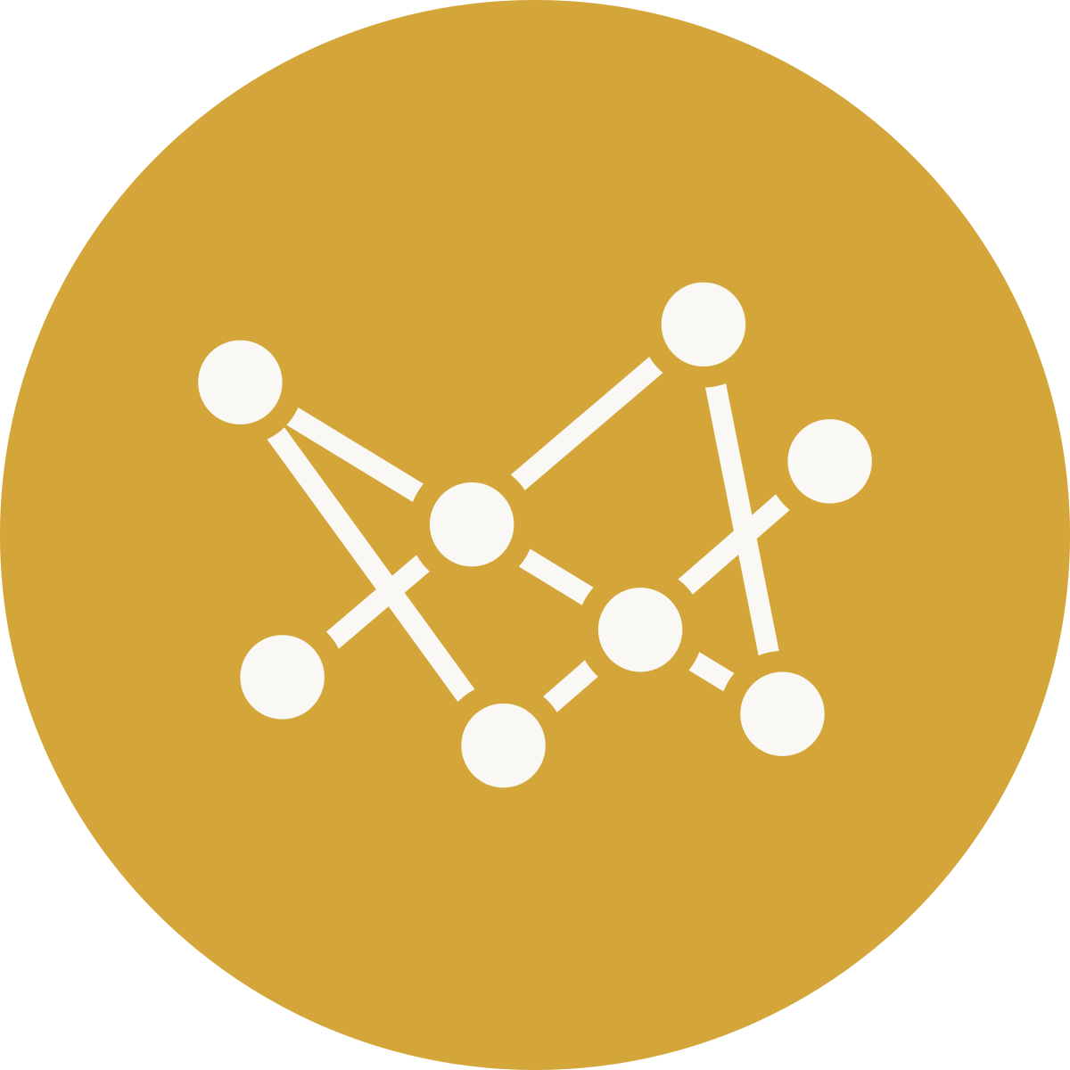 Illustration of a white molecular structure on a gold circular background.