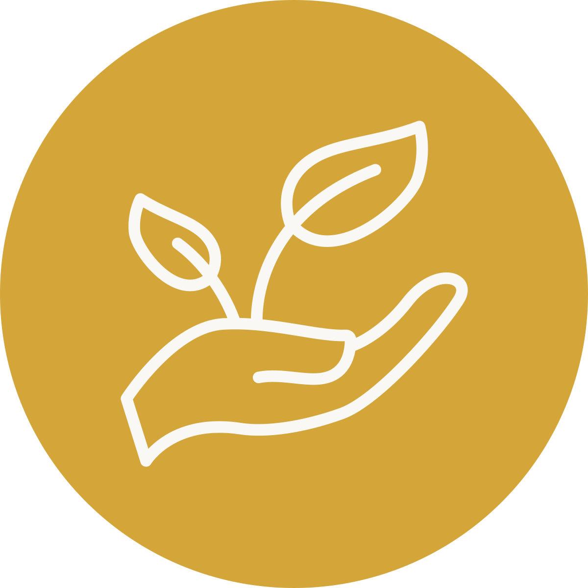 Outline of a hand holding a small plant with two leaves, on a gold circular background.