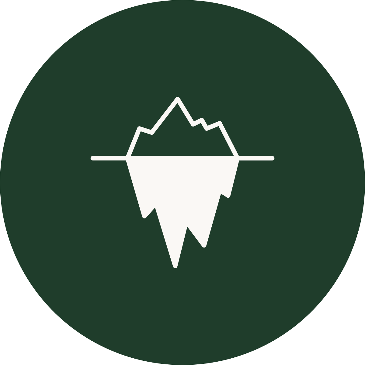 A circular dark green background with a white line graph of an iceberg