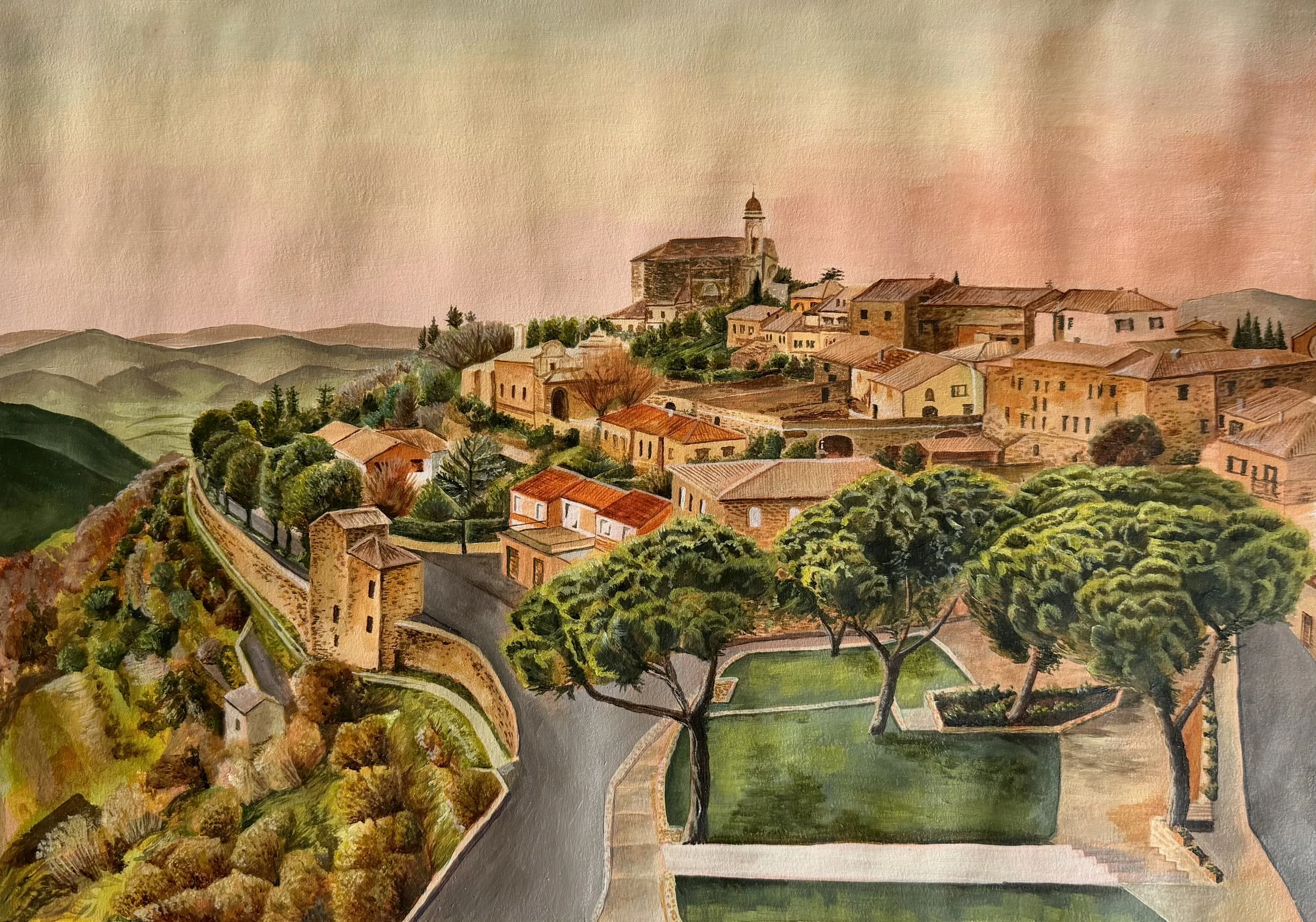 A watercolor painting of a hillside village with historic buildings, a church with a bell tower, and lush green trees and rolling hills in the background, under a pinkish sky.