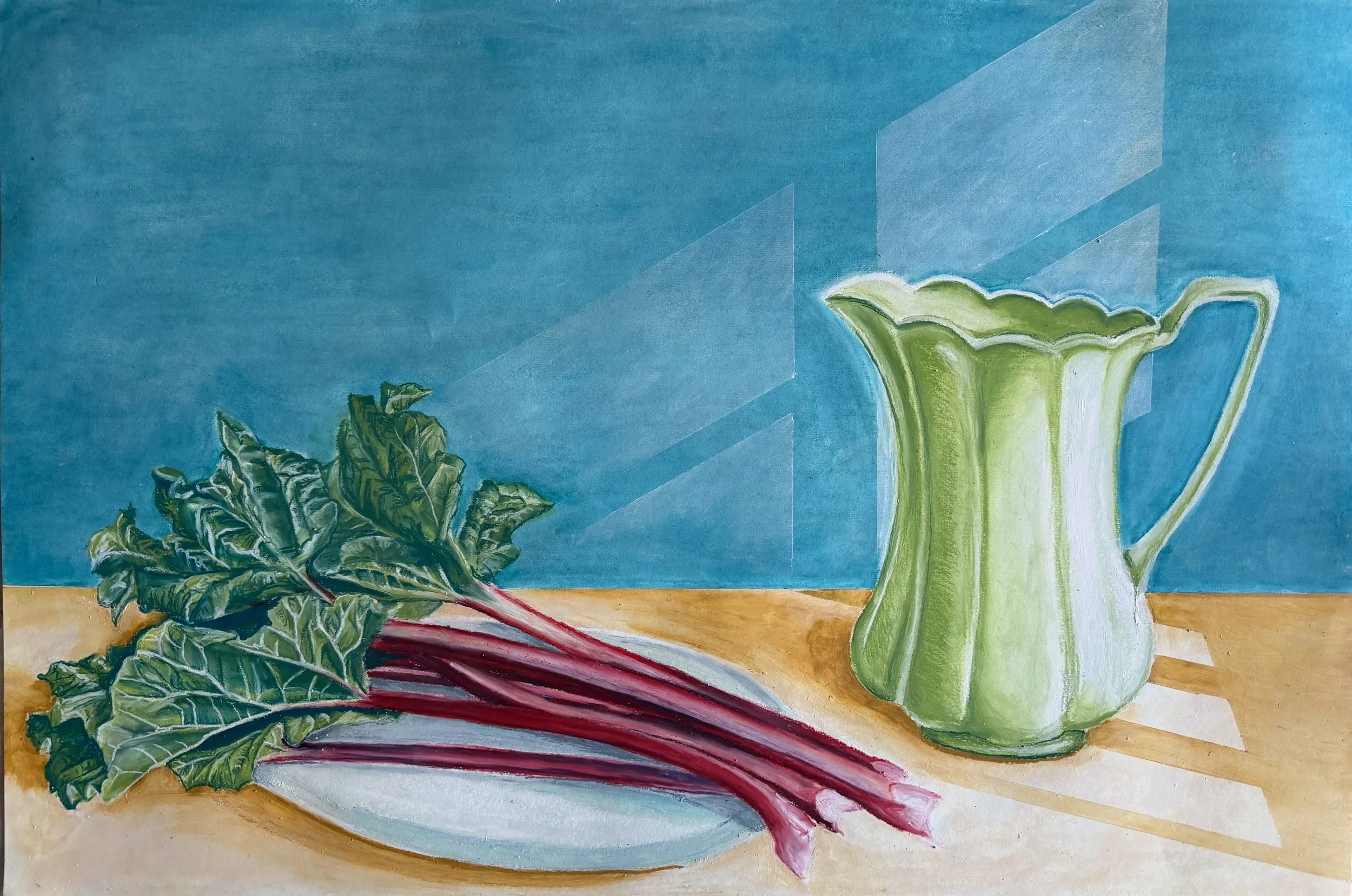 Painting of a rhubarb with deep red stems and green leafy tops, placed on a wooden surface, with a turquoise background.