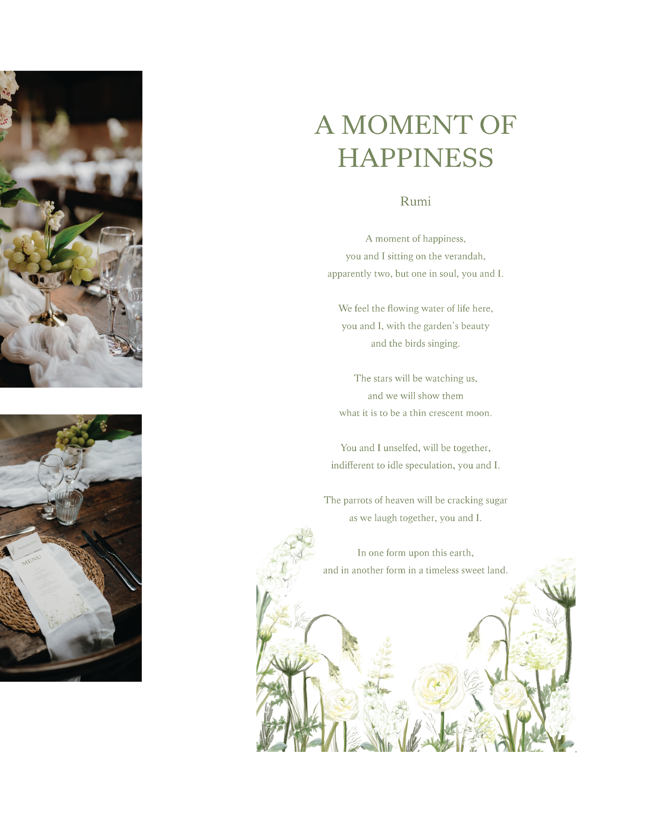 A wedding or event menu and linens on a rustic wooden table, decorated with white flowers and greenery.