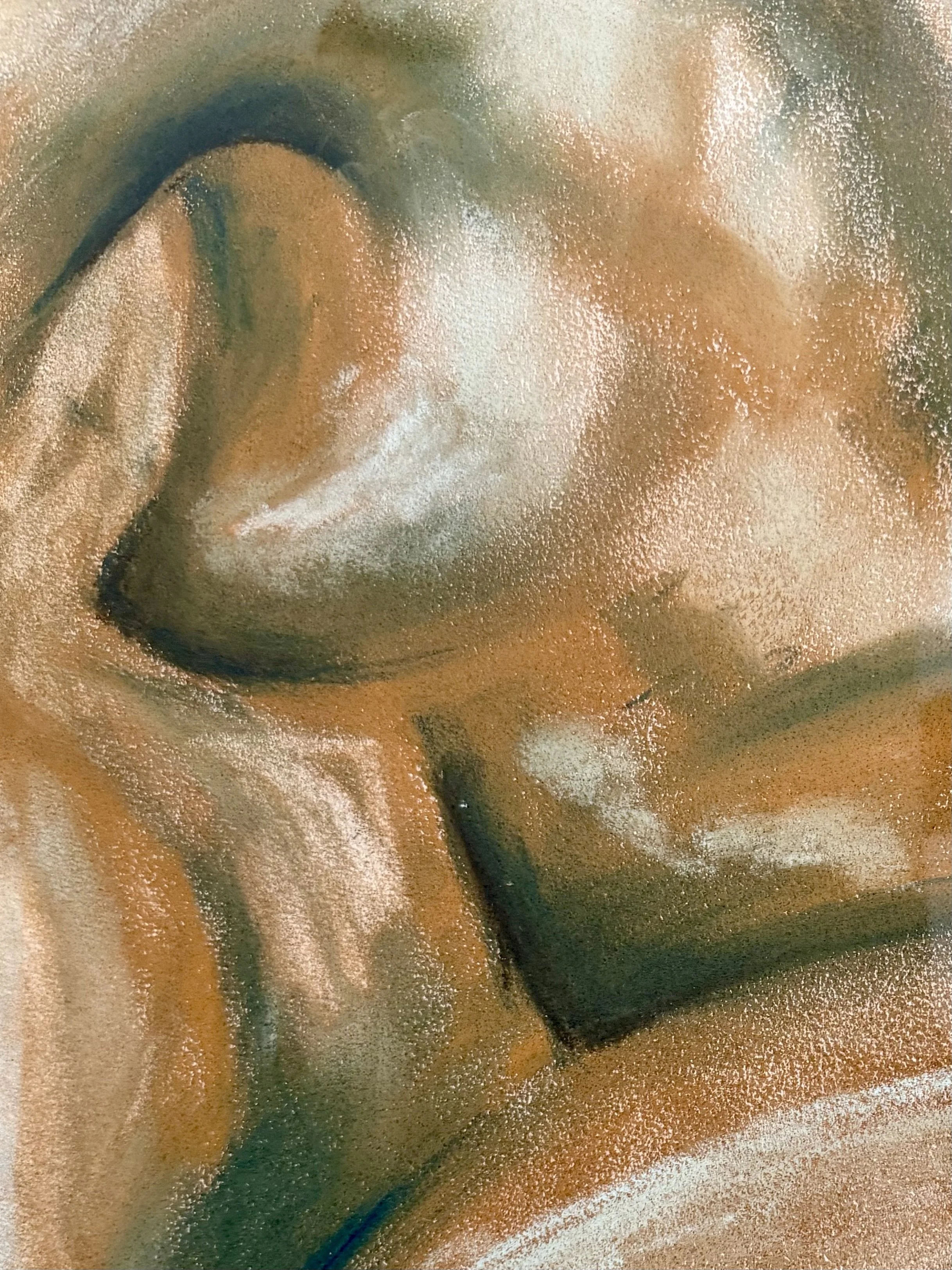 Close-up of a painting featuring warm earth tones, with a focus on abstract shapes and textures.