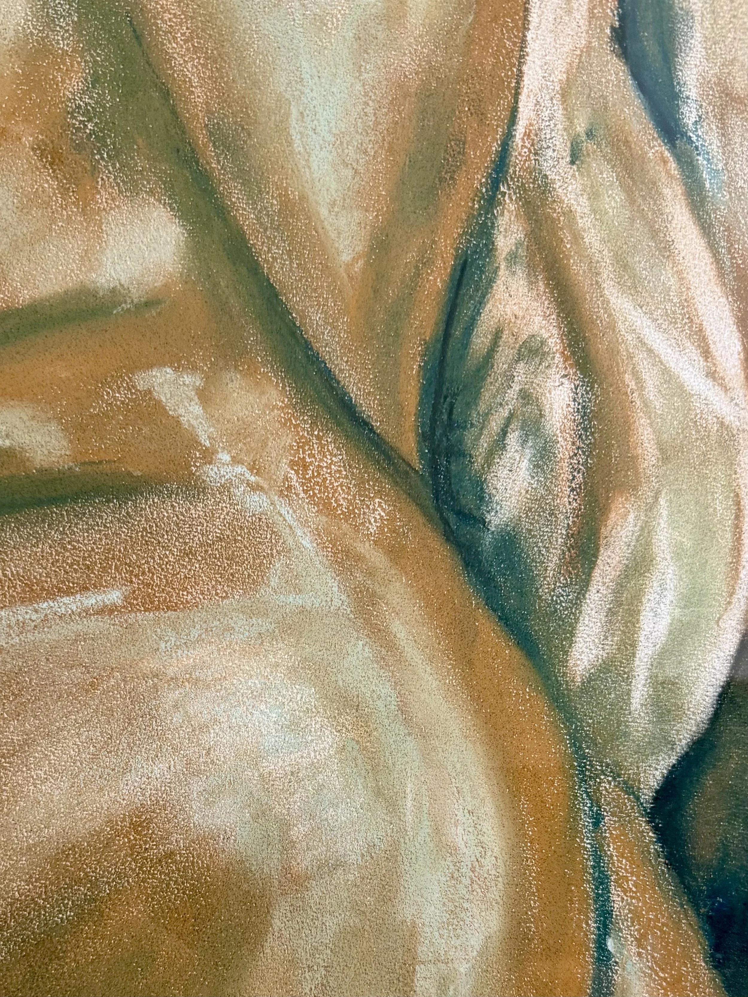 Close-up of a textured, abstract painting with warm earth tones of brown, beige, and hints of blue and green.