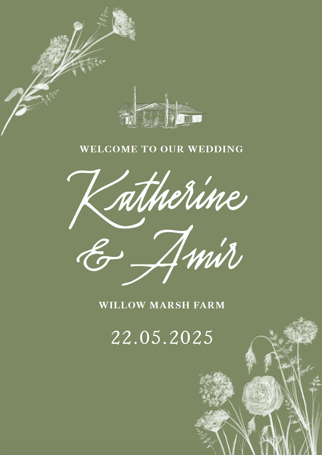 Save the date card for a wedding, features a green background with white floral illustrations and a sketch of a house. The card contains text with wedding details.