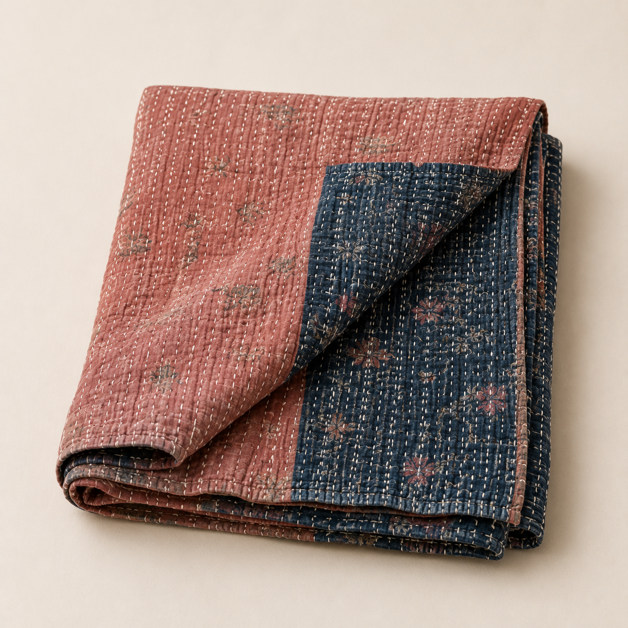 Kantha Quilt in Faded Rose & Indigo