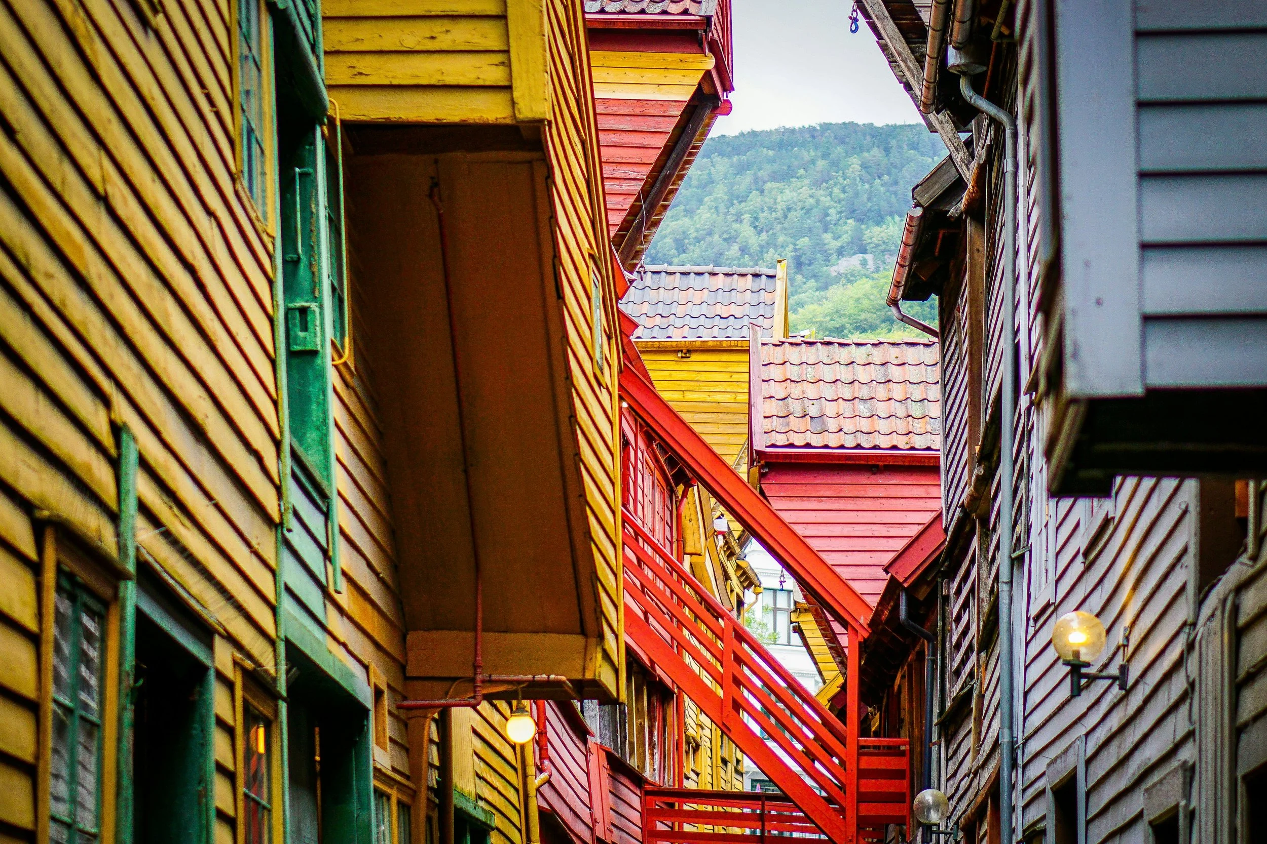 Colorful wooden houses with fire escapes and rooftops, set against a hillside in the background.