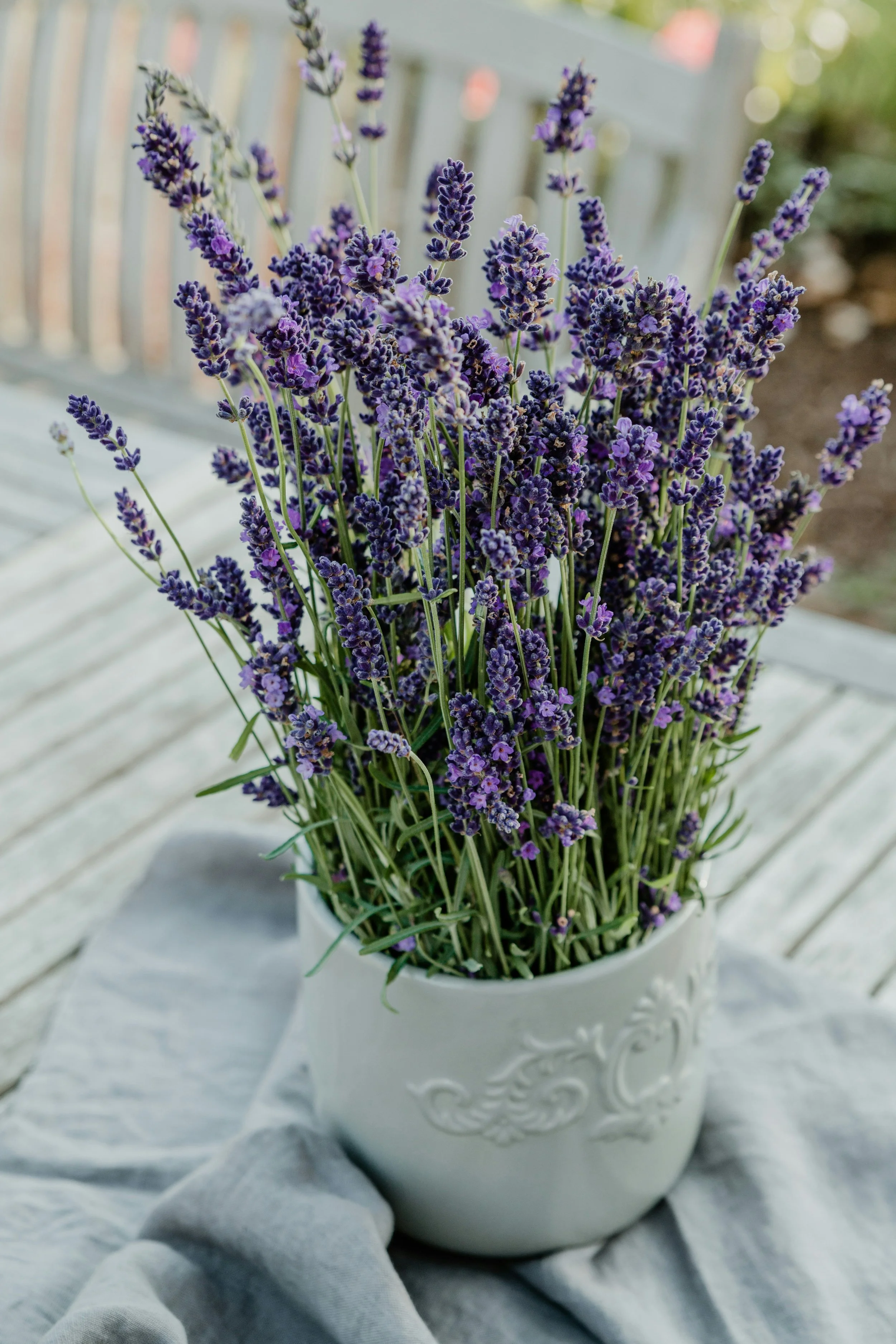 A white ornate ceramic vase filled with fresh lavender flowers, placed on a light gray cloth on a wooden surface with a blurred background.
