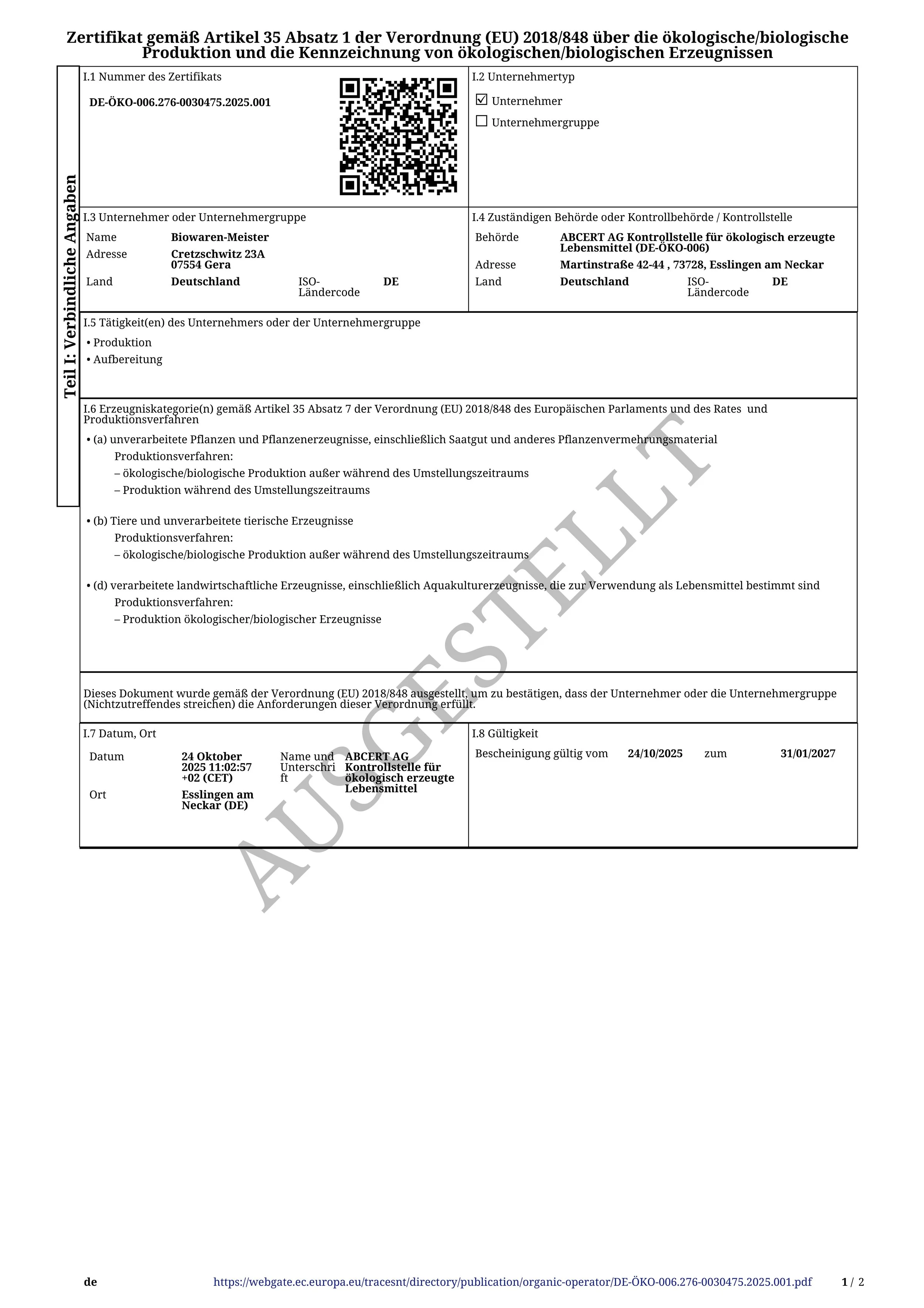 Official certification document issued in Germany, related to organic food production, with various sections including certificate number, company details, responsible authority, and date of issue.
