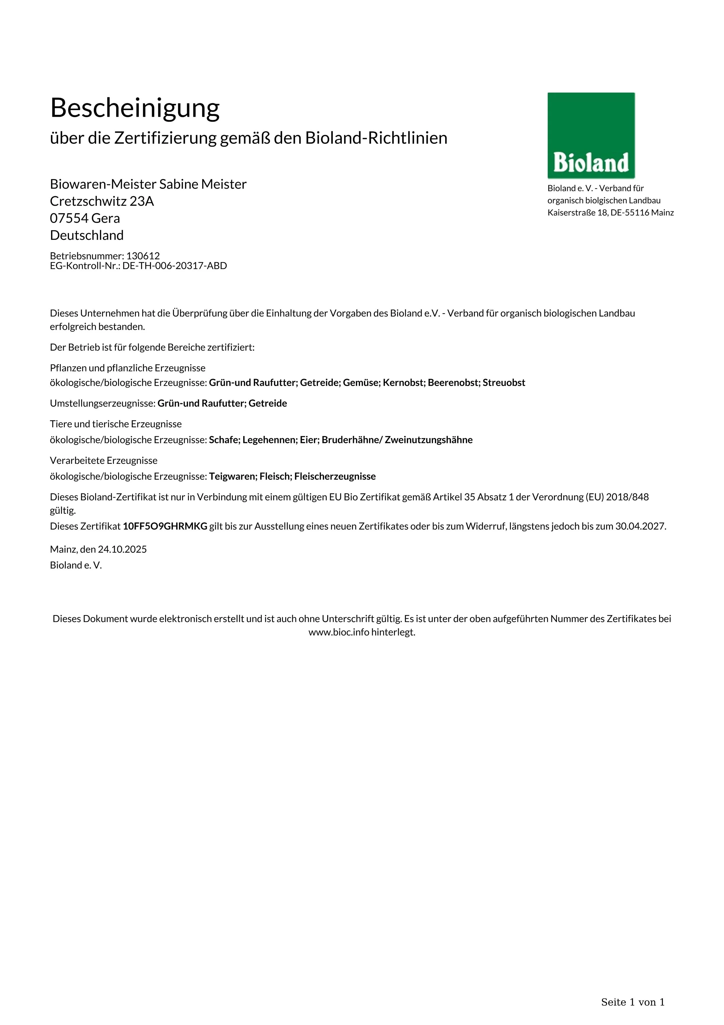 A certificate in German for organic farming certification from Bioland, including the name, address, and certification details.