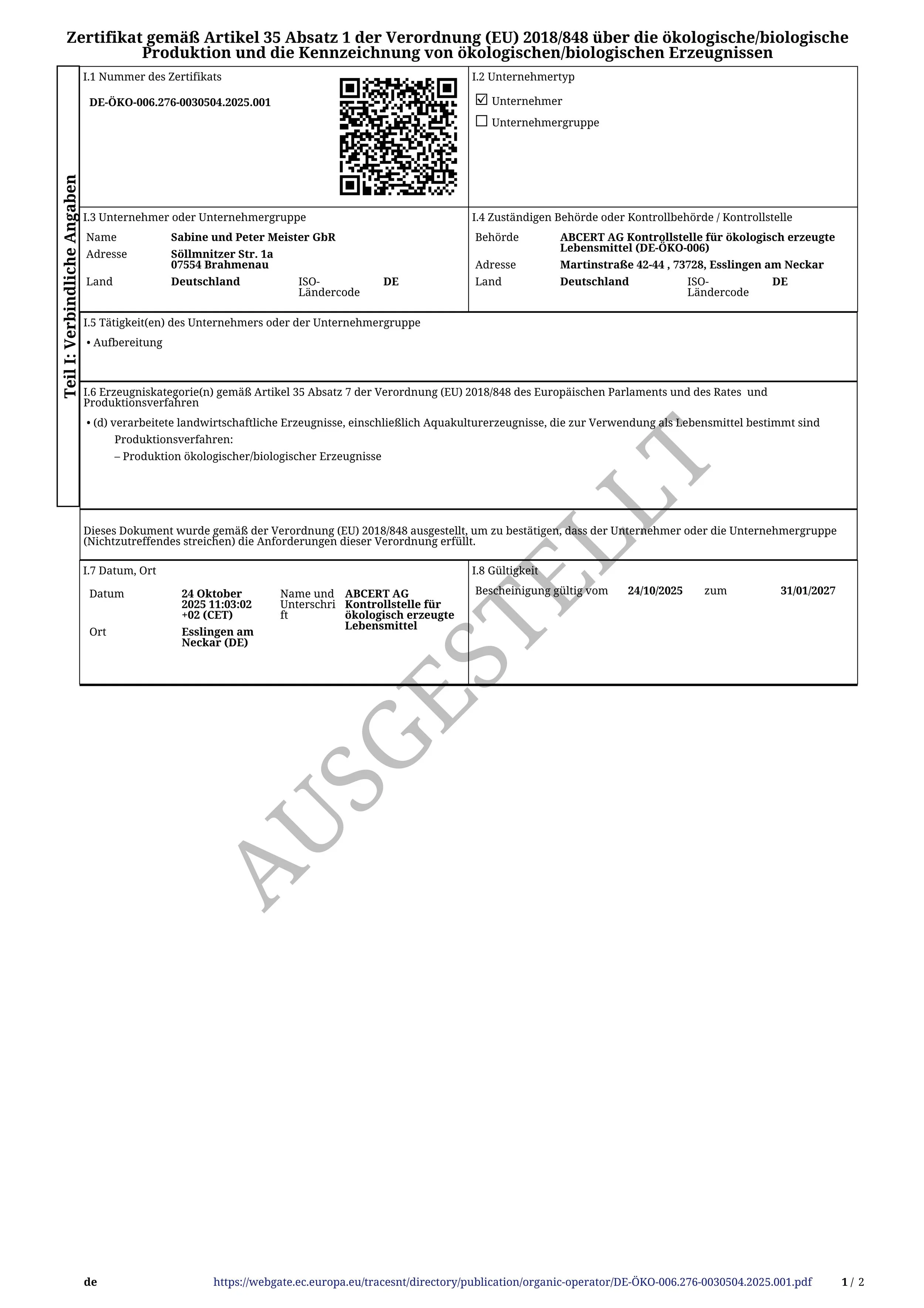 Image of an organic certification document in German, including certification number, company details, certification authority, processing activity, and validity period.
