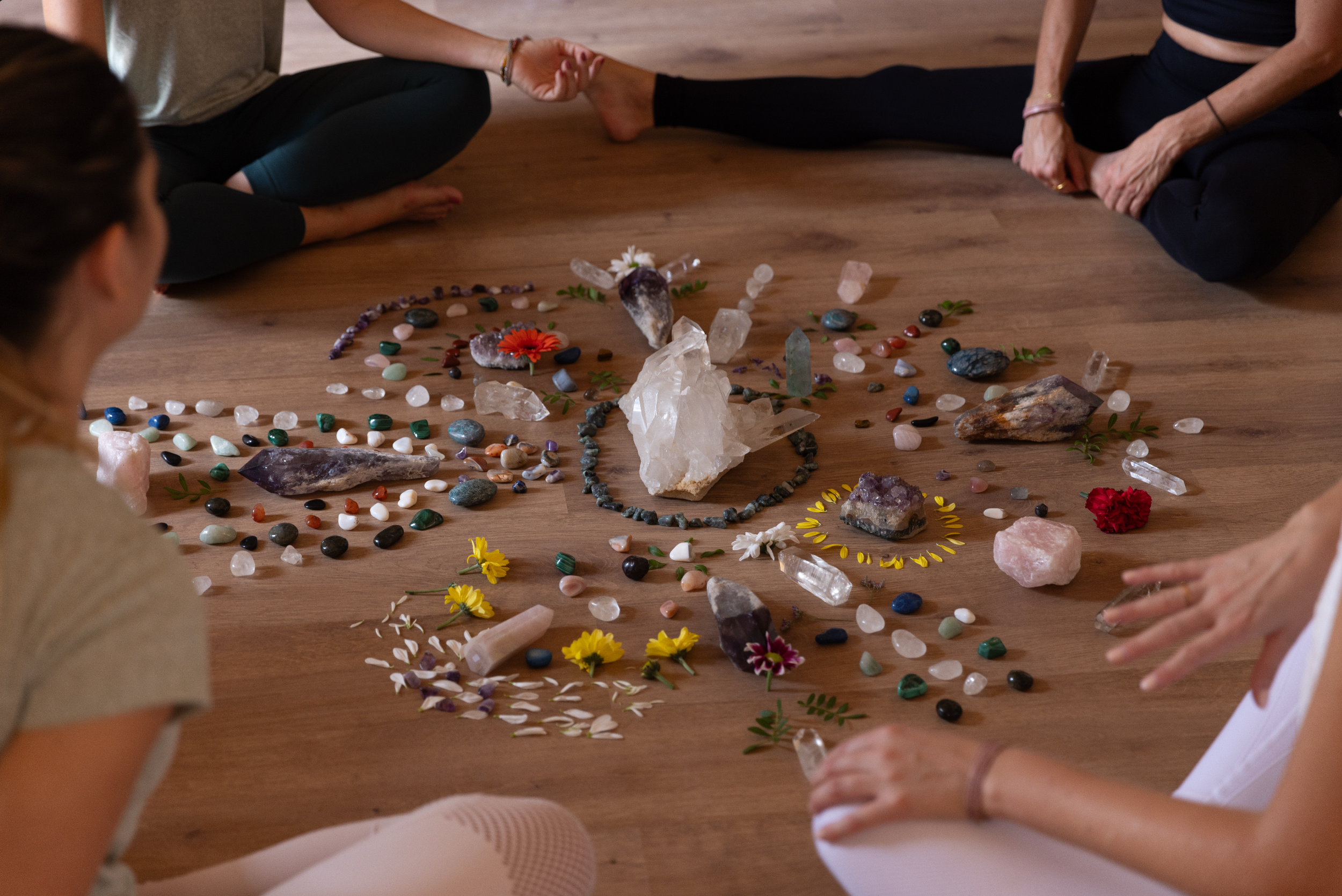 People sitting cross-legged on the floor around a circle of various crystals, rocks, and flowers.